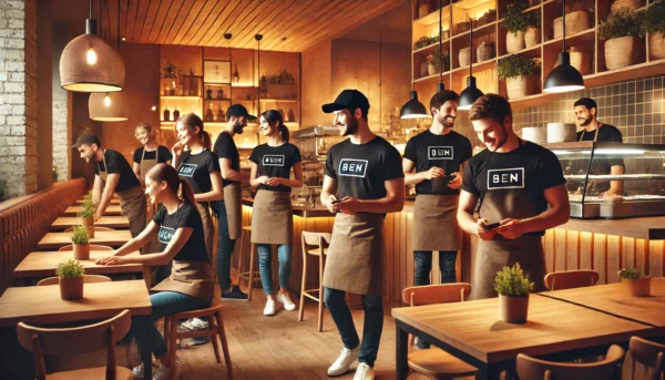 equipo de gastronomia con remeras con tu logo, varias personas con remeras negras y logo blanco en cafeteria