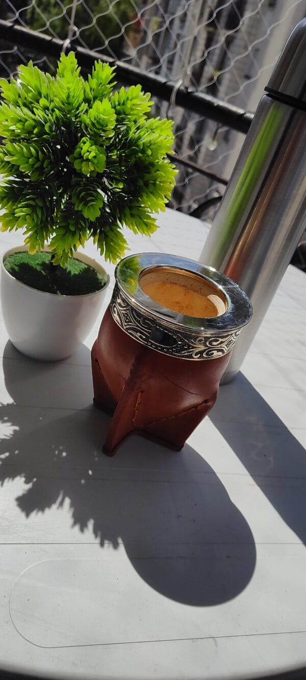 mate imperial calabaza cuero marron y alpaca premium, color marron clarito